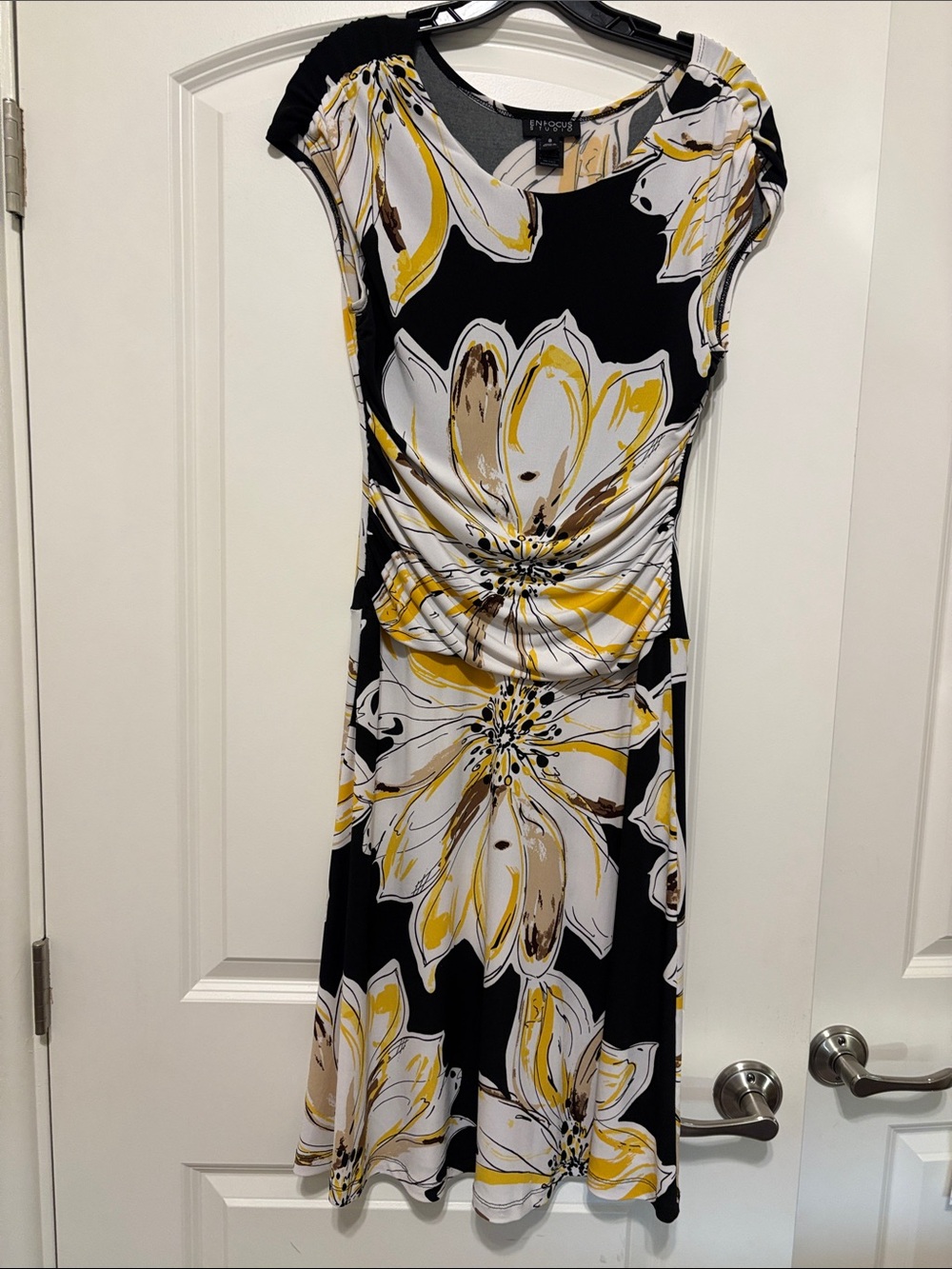 Enfocus Studio Black Floral Ruched Midi Dress with Yellow and White Accents